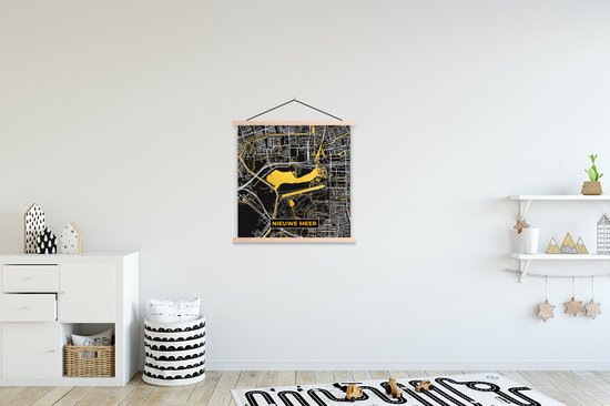 Posterhanger incl. Poster 90x90 cm - Schoolplaat - Kaart - Plattegrond - Stadskaart - Nederland - Nieuwe Meer - Textielposter - Blanke latten - Stadskaart