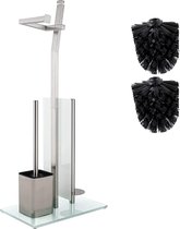 Smartpeas® Toiletrolhouder - Mat Chroom - Zonder boren - RVS - Glazen voet - 32x20x70 cm - Eenvoudig te monteren - 2 borstels