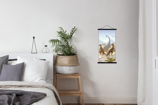 Posterhanger incl. Poster 40x80 cm - Schoolplaat - Dinosaurus - Landschap - Tropisch - Kinderen - Jongens - Textielposter - Zwarte latten