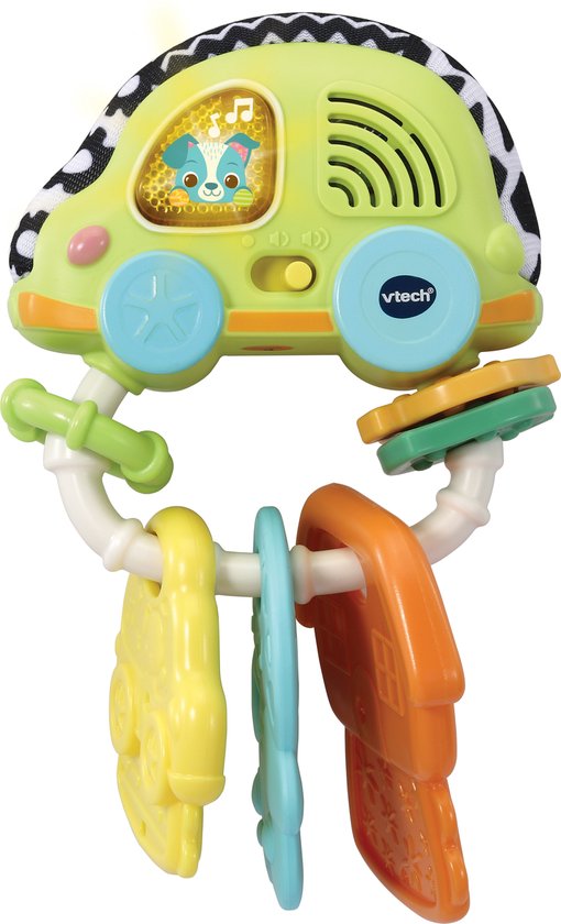 Groene VTech baby auto rammelsleutel met regenboogkleurige sleutels en zwart-witte details.