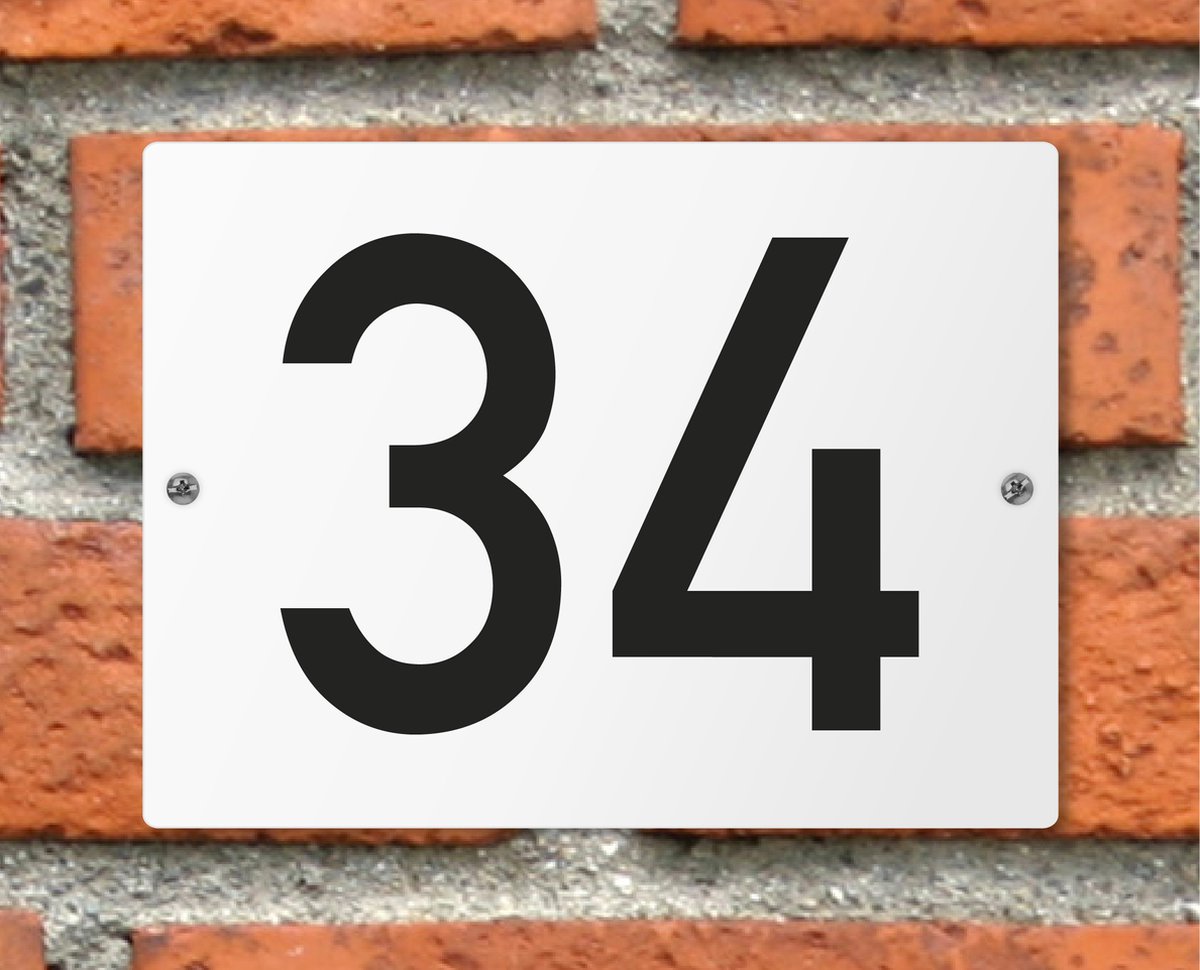 Huisnummerbord wit - Nummer 34 - standaard - 16 x 12 cm - schroeven - naambord - nummerbord - voordeur