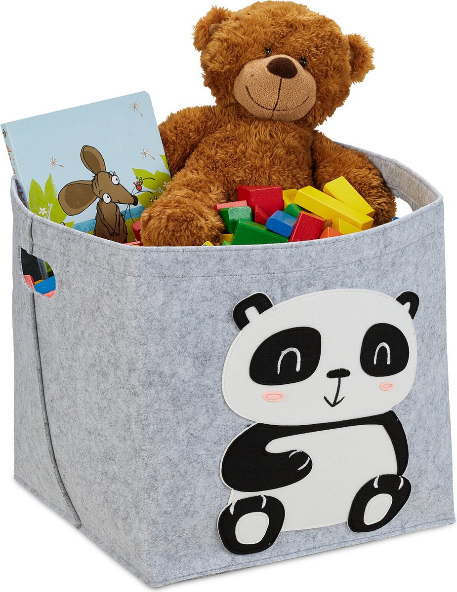 speelgoedmand kinderkamer - panda - vilten mand - opvouwbaar - 33x34x32 cm - grijs