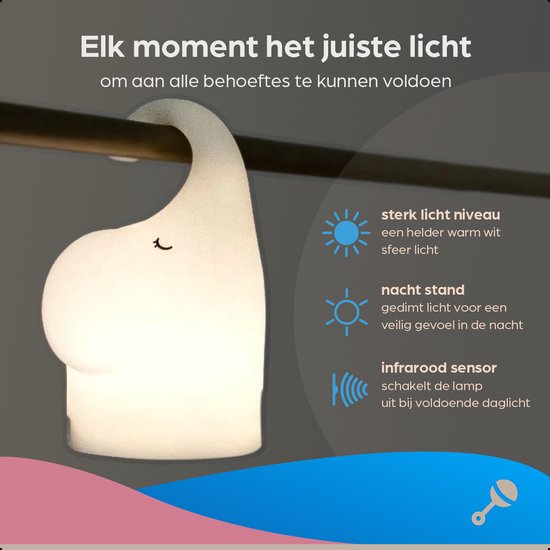 Olifantenlampje - Draadloos Nachtlampje Kinderen - Tafellamp Slaapkamer - Baby - Slaapkamer - Nachtlampjes - Olifanten Lampje - Olifantenlampje - Nachtkast Lamp - Nachtlampje Olifant van Rammelaar& — afbeelding 3