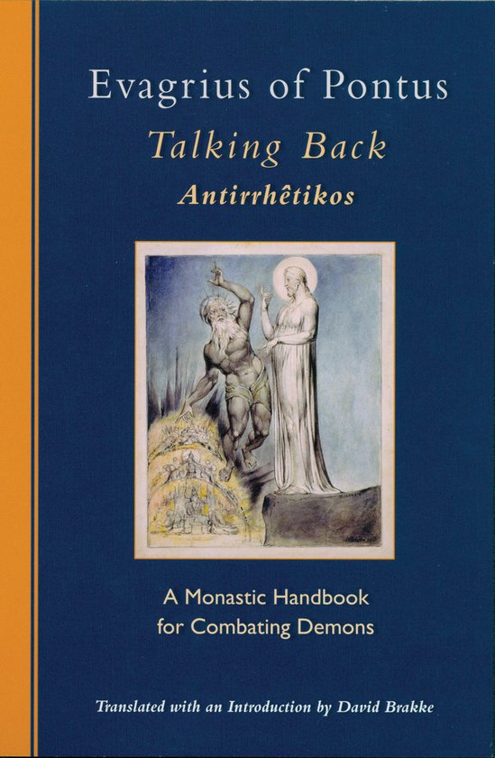 Livre 'Evagrius of Pontus Talking Back Antirrhêtikos', avec une peinture d'un homme pointant un autre homme, entouré de démons.
