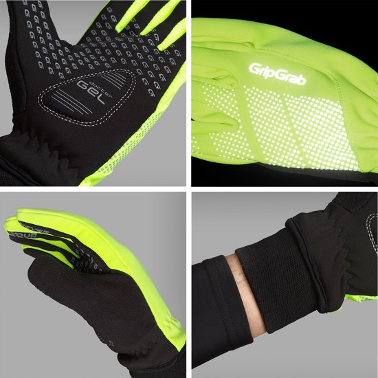 Detailfoto's van GripGrab hi-vis winterhandschoenen: padding, reflecterende elementen en polssluiting.