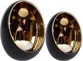 Daan Kromhout - Taza Theelicht - Waxinelicht - Egg - Aardewerk - Kaarshouder - 10x10x13cm + 12x12x15cm - Zwart/Goud - Set van 2
