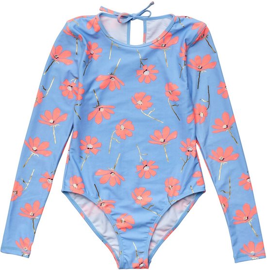 Snapper Rock - UV Zwempak voor meisjes - Lange mouw - Beach Bloom - Blauw/Roze - maat 16 (156-163cm)
