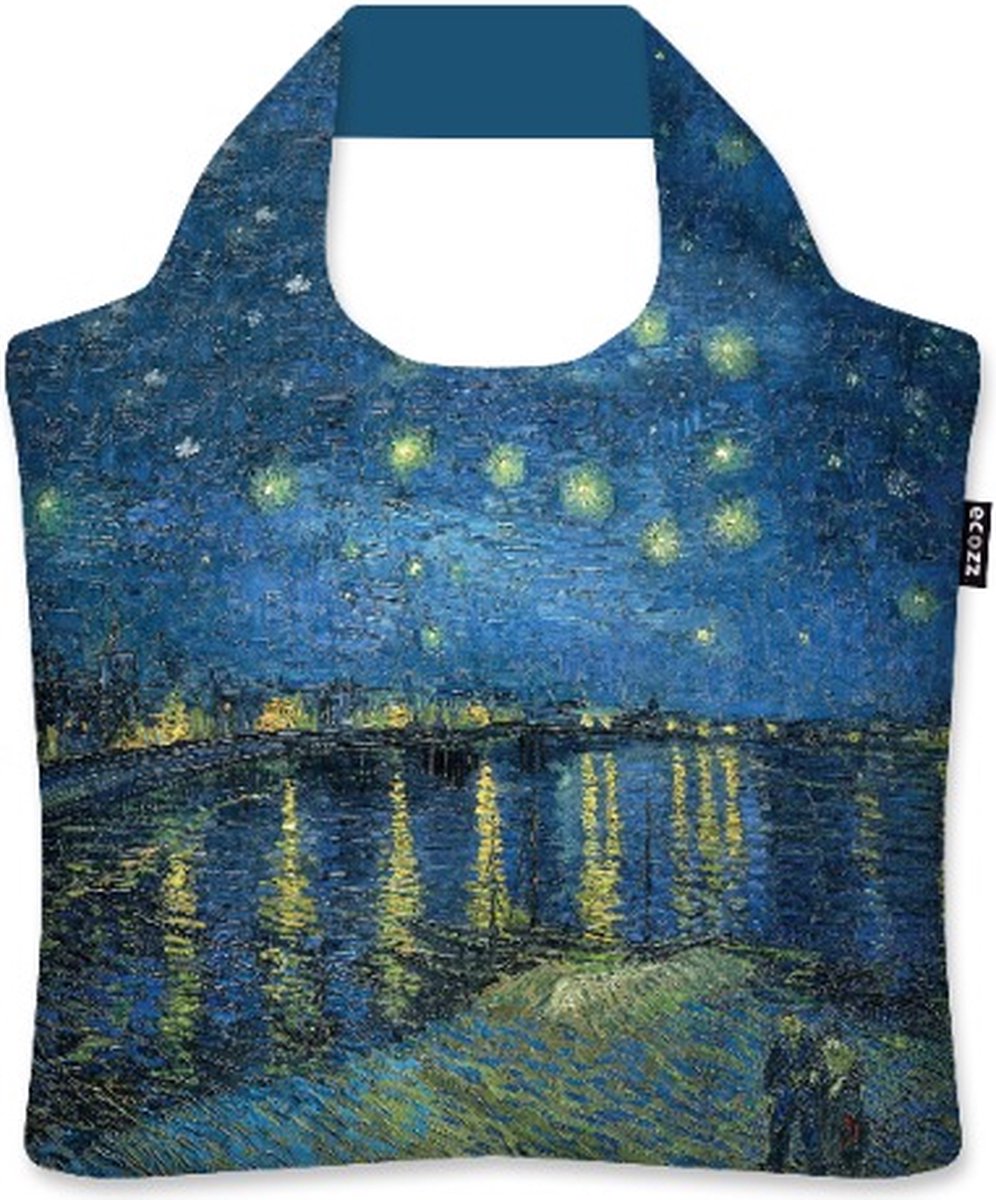 Ecozz - Vincent van Gogh - Sterrennacht boven de Rhone - Starry Night over the Rhone - 100% gerecycled (rPet) – Öko-Tex - Voorzien van rits - Afsluitbaar - Opvouwbare boodschappentas - Waterresistant – Ecoshopper - Eco-vriendelijk - Duurzaam