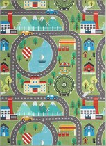 the carpet Vloerkleed Happy Life Kinderkamer, kindertapijt, speeltapijt, wasbaar, straattapijt, straat, stad, auto, groen, 160 x 220 cm