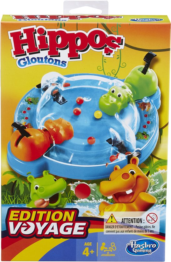 Doos van Hippos Gloutons, reis editie, met een spelbord en hippopotampa's.