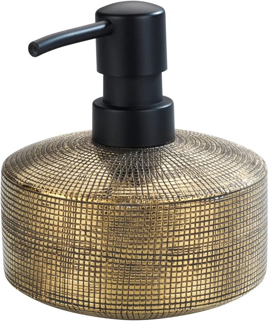 Distributeur de savon doré avec motif en grille fine et pompe noire mate.