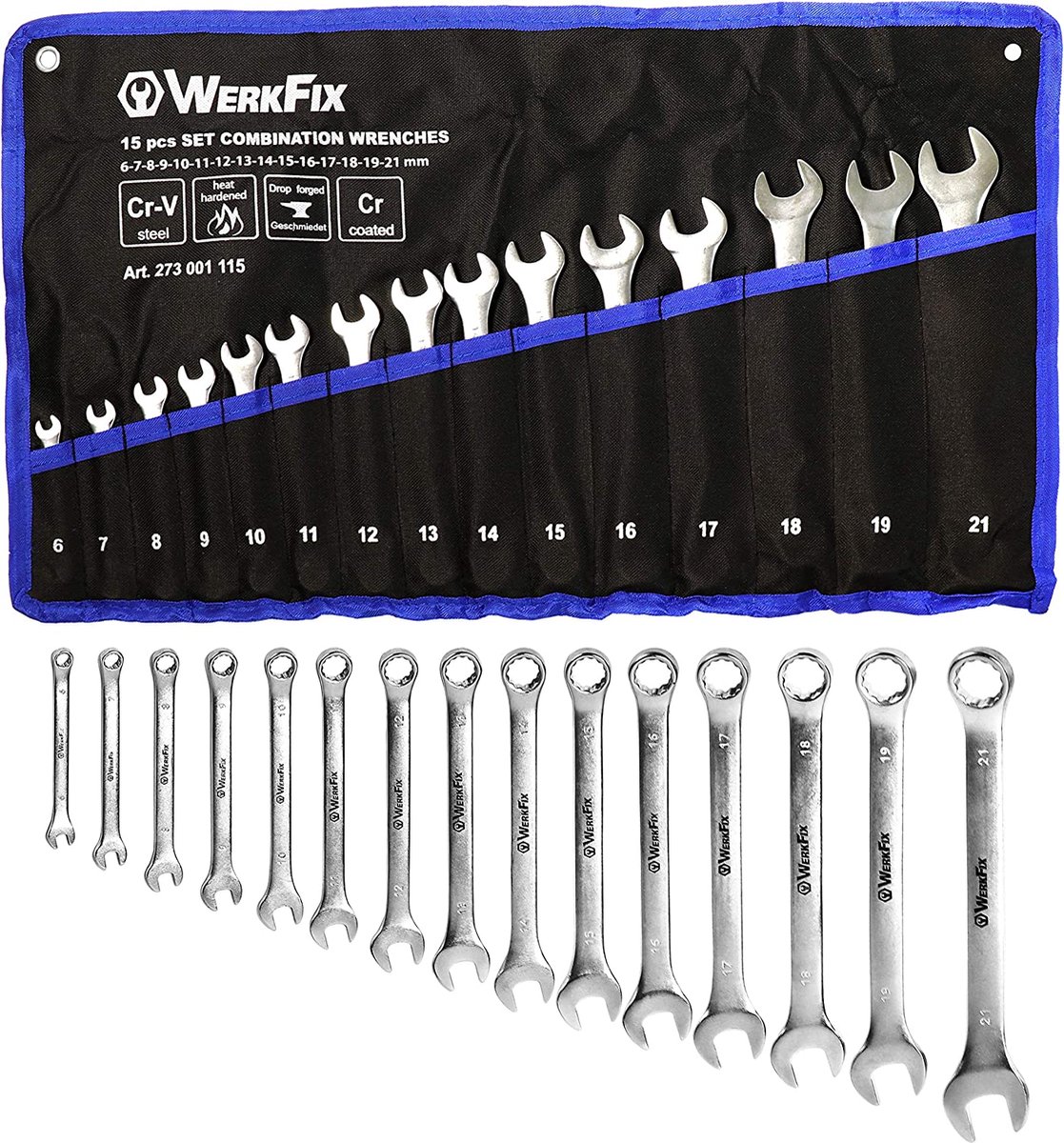WerkFix 15-delige Ringsteeksleutelset van CrV-staal, lasergemarkeerde steeksleutelset, mat afgewerkt, Ringsleutel in stevige oprolbare tas