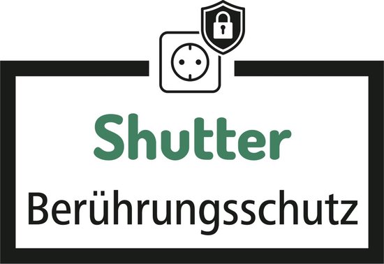 Symbool van een stekkerdoos met een schild en slotje, 'Shutter Berurungsschutz'.