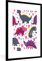 Poster in lijst voor kinderen - Wanddecoratie meisjes - Dino - Hart - Patronen - Roze - Meisjes - Dinosaurus - Decoratie voor kinderkamers - 60x90 cm - Poster kinderkamer