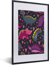 Poster in fotolijst kind - Dinosaurus - Kind - Patronen - Roze - Meisjes - Schilderij voor kinderen - 40x60 cm - Wanddecoratie meisjes - Decoratie voor kinderkamers