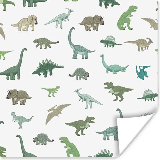 Poster kinderen - Schilderij voor kinderen - Muurdecoratie kinderkamer - Dinosaurus - Groen - Jongens - Bruin - Kind - Patronen - 75x75 cm - Poster kinderkamer