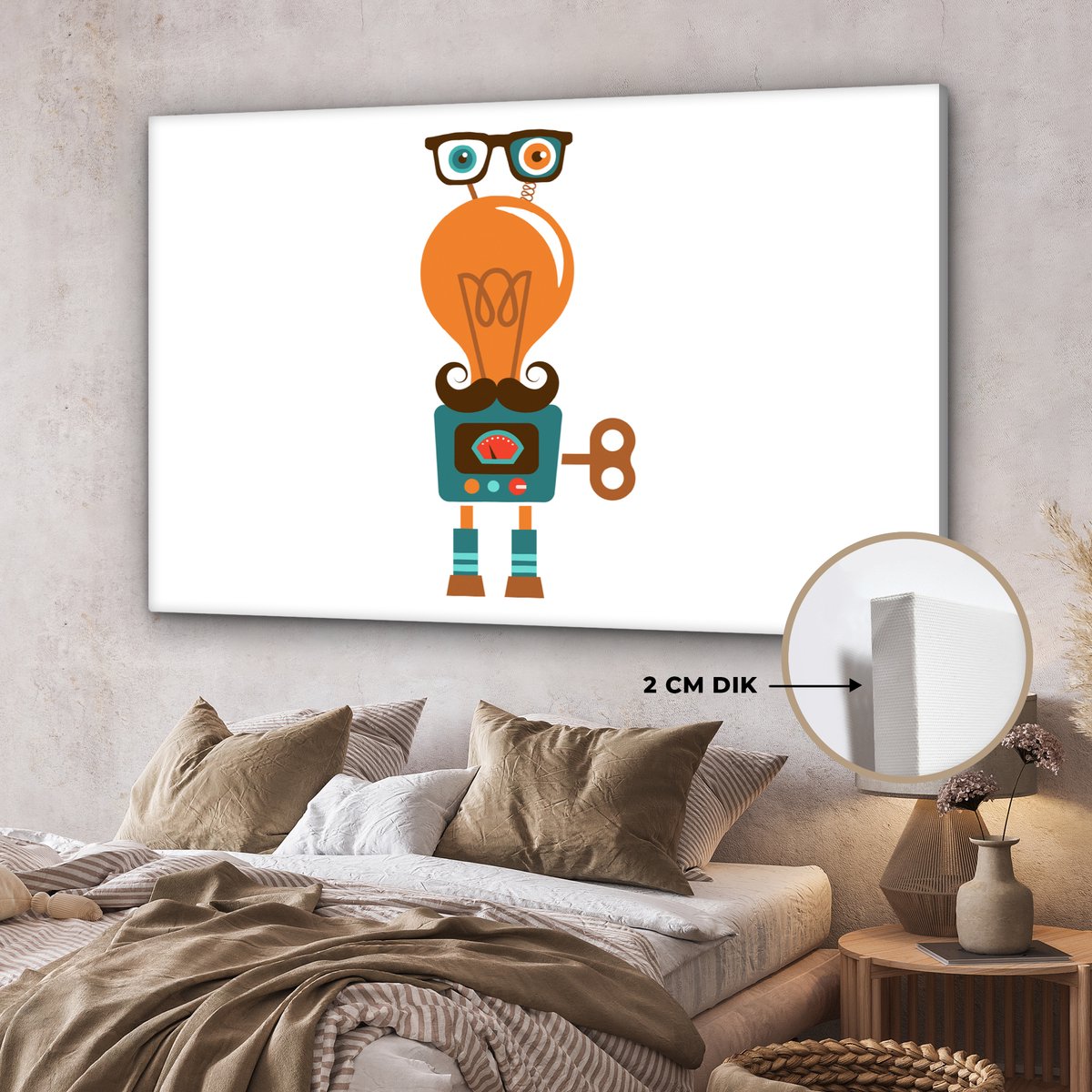 Canvas schilderij 180x120 cm - Wanddecoratie Robot - Bril - Gloeilamp - Snor - Kinderen -