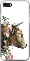 Telefoonhoesje Geschikt voor iPhone 8 hoesje - Schotse hooglander - Koe - Bloemen - Siliconen Telefoonhoesje