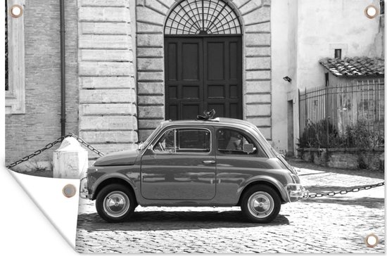 Tuinposter - Tuindoek - Tuinposters buiten - Vintage auto in de straten van Rome - zwart wit - 120x80 cm - Tuin
