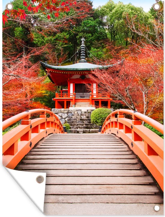 Tuin decoratie Brug - Pagode - Japans - Rood - Natuur - 30x40 cm - Tuindoek - Buitenposter