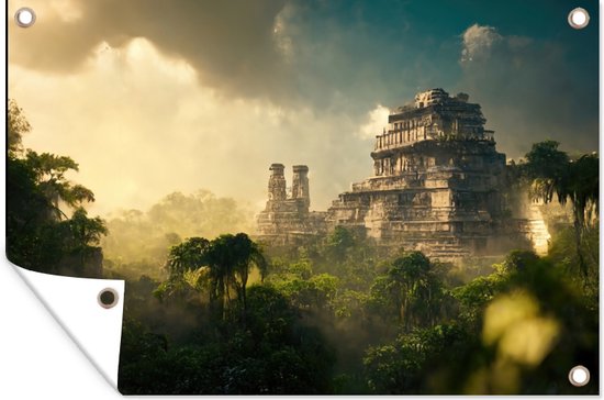 Poster de jardin Temple - Jungle - nuages ​​- Ciel - Nature - 190x120 cm - Décoration murale Extérieur - Poster de jardin - Toile de jardin - Poster de clôture - Tableau de jardin