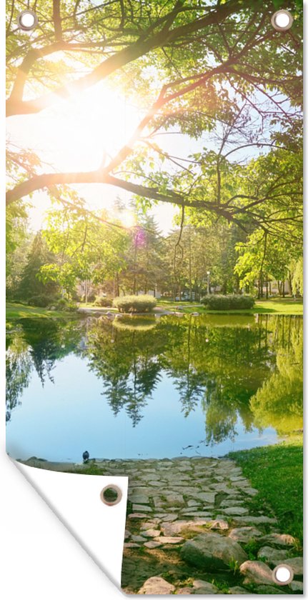 Foto: Wanddecoratie buiten bomen meer zon gras natuur 80x160 cm tuindoek buitenposter