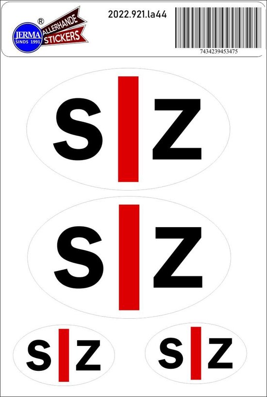 Wit vel met Jerma Stickers logo en barcode. Drie ovale stickers met SZ in zwart en rode streep. Twee grote en twee kleine.