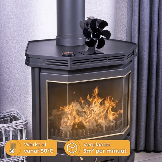 Zwarte kachelventilator met 4 bladen op een grijze moderne kachel met een brandend vuur. Pijlen geven warmteverdeling aan.