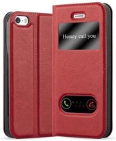 Cadorabo Hoesje geschikt voor Apple iPhone 5 / 5S / SE 2016 in SAFRAN ROOD - Beschermhoes met magnetische sluiting, standfunctie en 2 kijkvensters Book Case Cover Etui