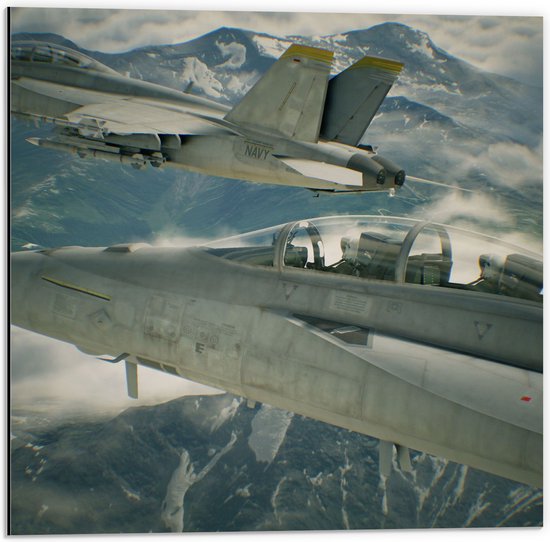WallClassics - Dibond - Twee Vliegtuigen boven Bergen en Wolken - 50x50 cm Foto op Aluminium (Wanddecoratie van metaal)