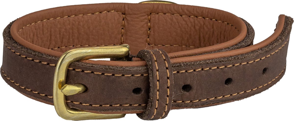 Panzi-Pet - Luxe leren halsband hond - bruin met goud - 18mm dik - voor honden met halsomtrek van 28 tot 35cm