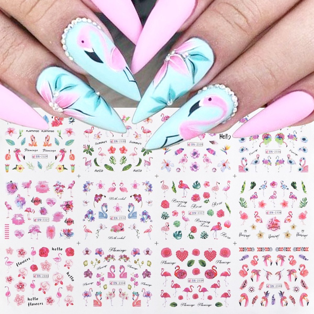 Goedkoopste 12 Stuks Nagelstickers – Tropische Flamingo – Nail Art Stickers – Set van 12 nagelstickers – Tropische designs – Flamingo – nail art en decoratie – Gemakkelijk aan te brengen – thuis en salons