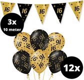 Verjaardag Versiering Pakket 16 jaar Zwart en Goud - Ballonnen Goud & Zwart (12 stuks) - Vlaggenlijn Goud Zwart 10 meter (3 stuks) - Vlaggenlijn gekleurd 16 jarige - Vlaggetjes Slinger Verjaardag 16 Birthday - Birthday Party Decoratie (16 Jaar)