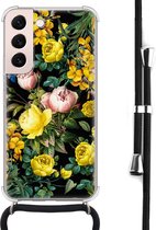 Hoesje met koord - Geschikt voor Samsung Galaxy S22 - Bloemen geel - Verstelbaar zwart koord - Crossbody - Bloemen - Transparant, Geel - Leuke Telefoonhoesjes