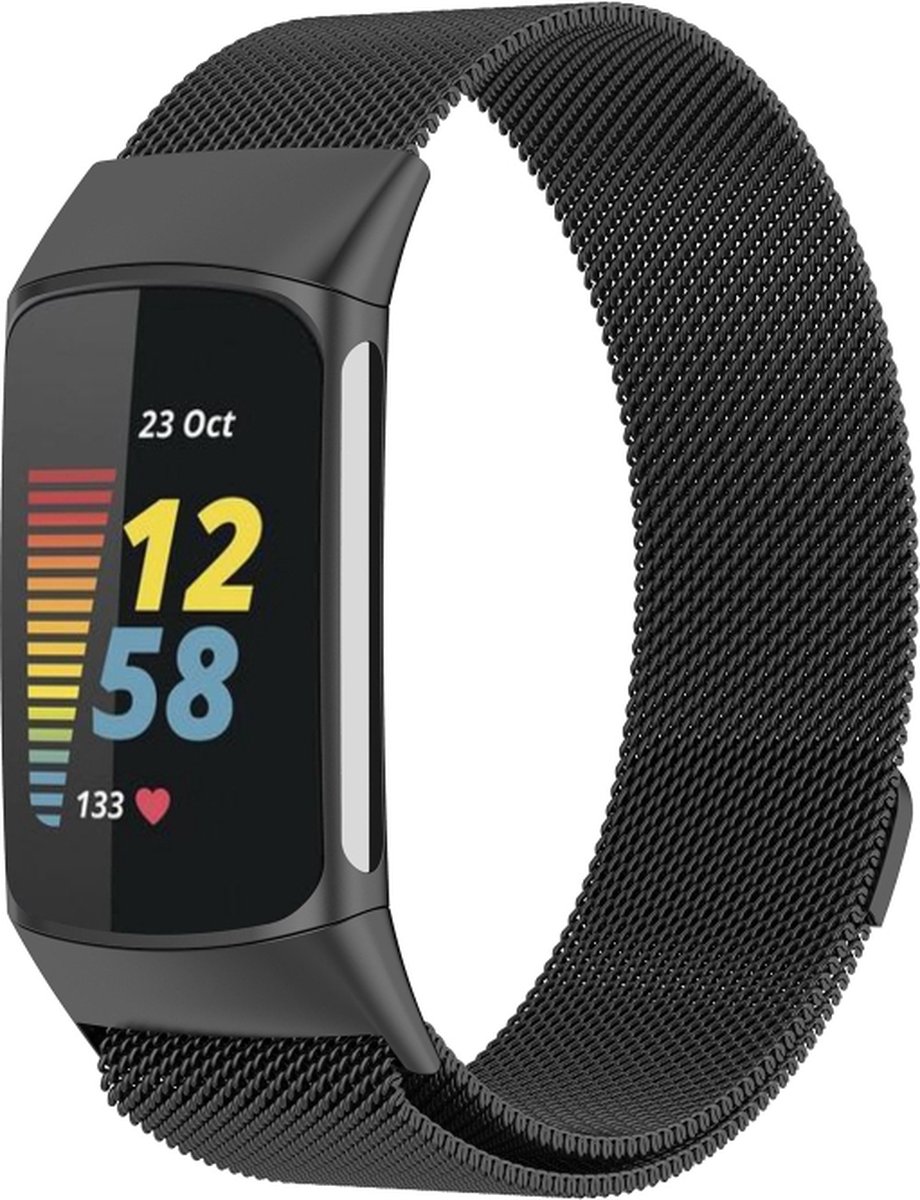 Geschikt voor Fitbit Bandje Charge 5 - Milanees - Praktisch met magneetsluiting - Zwart