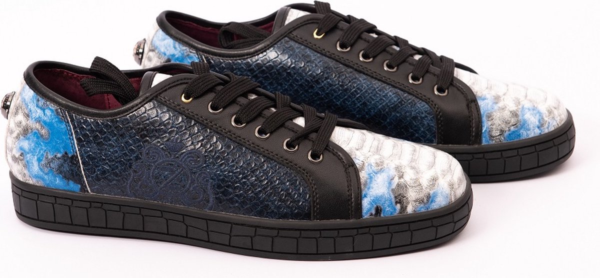 Zerba - Heren Sneakers - Veterschoenen - Maat 43 - Blauw Zwart Leer - Sarzana