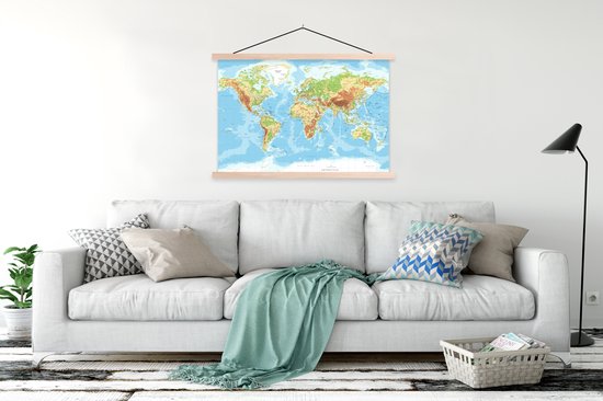 Porte-affiche avec affiche - Affiche scolaire - Wereldkaart - Atlas - Topographie - 120x80 cm - Lattes vierges