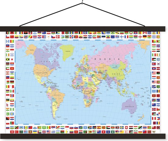 Affiche scolaire - Wereldkaart - Drapeau - Atlas - 150x100 cm - Lattes noires