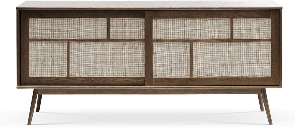 Olivine Boas Sideboard Gerookt Eiken - Hout - Rattan - Dressoir - met Schuifdeuren - Verstelbare Planken Retro - 180 x 45 x 80 cm