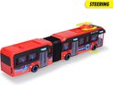 Rode gelede stadsbus met zwarte accenten, blauwe ruiten en een stuurmechanisme.