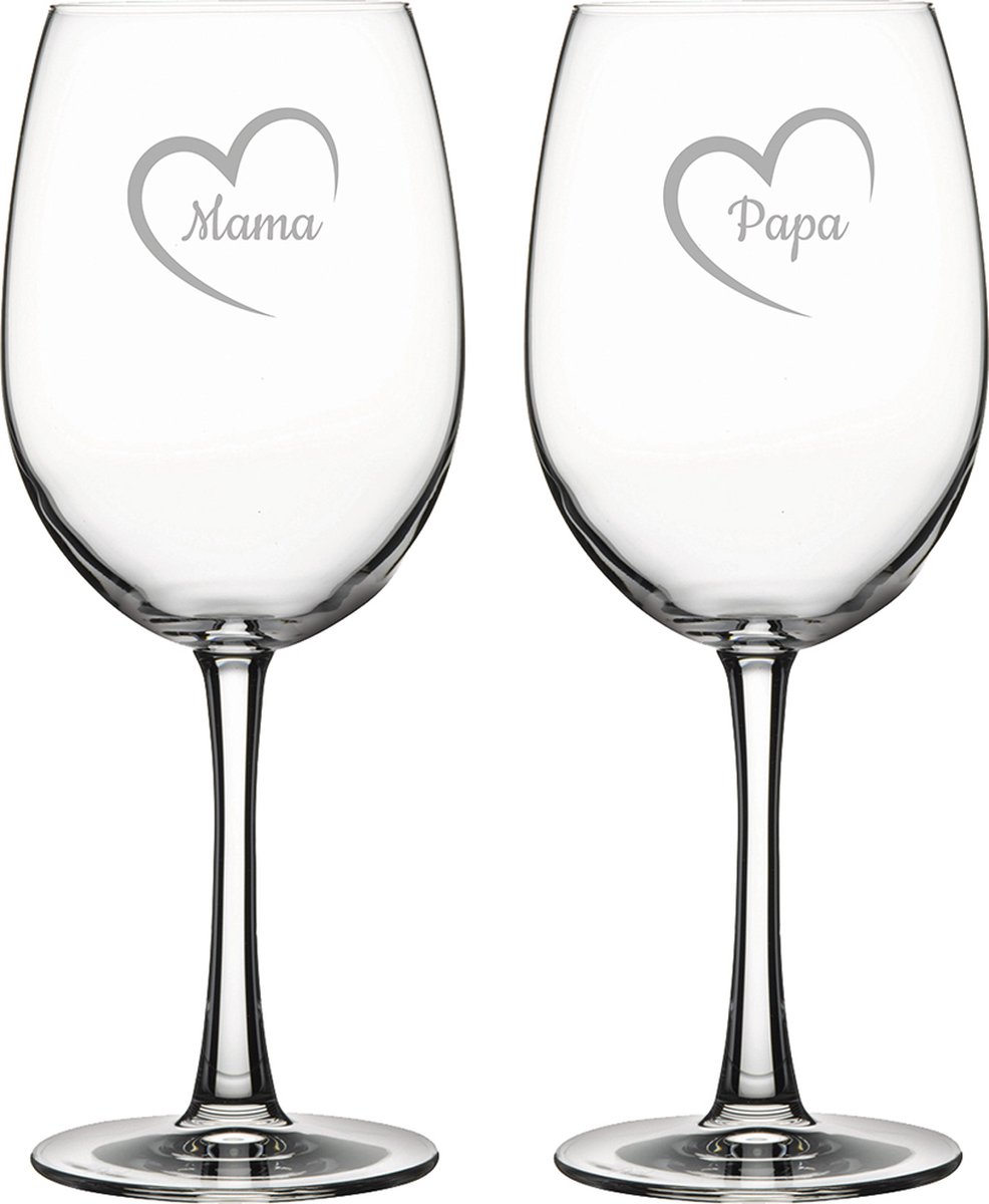 Gegraveerde Rode wijnglas 46cl Mama met hartje & Papa met hartje