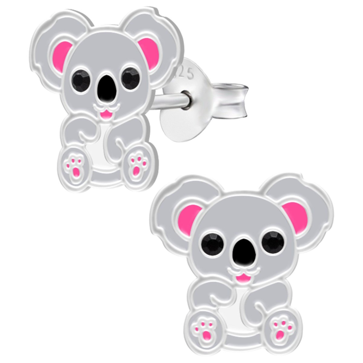 Oorbellen meisje | Zilveren kinderoorbellen | Zilveren oorstekers, lieve koala met zwarte onyx ogen