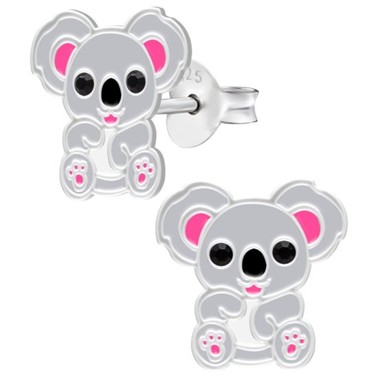 Boucles d'oreilles fille | Boucles d'oreilles enfants en argent | Clous d'oreilles en argent, doux koala aux yeux d'onyx noir