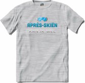 Après-skiën kan ik wel | Grappige apres ski drank shirt | Wintersport skibril kleding - T-Shirt - Unisex - Donker Grijs - Gemêleerd - Maat M