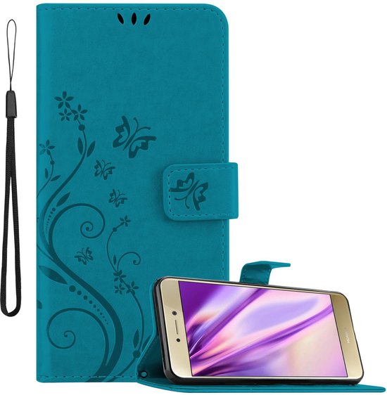 Coque Cadorabo pour Huawei P8 LITE 2017 / P9 LITE 2017 en BLEU FLORAL - Coque de protection au design floral avec fermeture magnétique, fonction support et fentes pour cartes