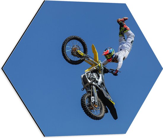 Foto: Wallclassics dibond hexagon freestyle motocross boven boom 50x43 5 cm foto op hexagon met ophangsysteem 