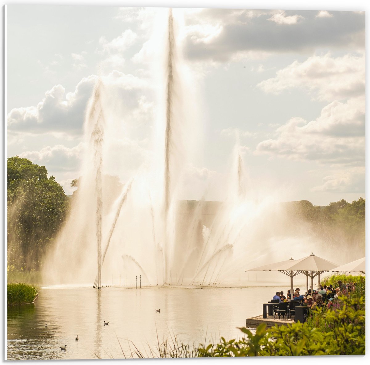 PVC Schuimplaat - Waterfontein in een Meer - 50x50 cm Foto op PVC Schuimplaat (Met Ophangs