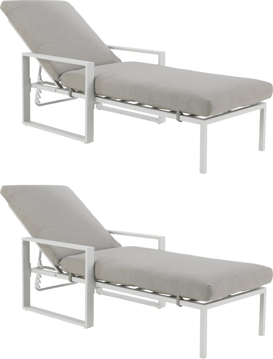 NATERIAAL - Set van 2 ligstoelen LAS VEGAS - 2 x ligstoelen met 4-voudig verstelbare rugleuning - 207X77X98 cm - Max.120kg - 4 posities - Met kussen - Aluminium - Polypropyleen - Wit - Grijs