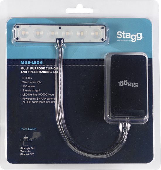 Stagg MUS-LED 6 lessenaarlampje in verpakking, met 6 LED's en touch-schakelaar.