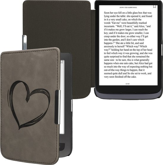 kwmobile e-reader hoesje geschikt voor Pocketbook Touch Lux 3/Basic Lux/Basic Touch 2 hoes - Ereader flip case met standaard - Kunstleren e reader cover - Brushed Hart design in grijs van Merkloos — afbeelding 3